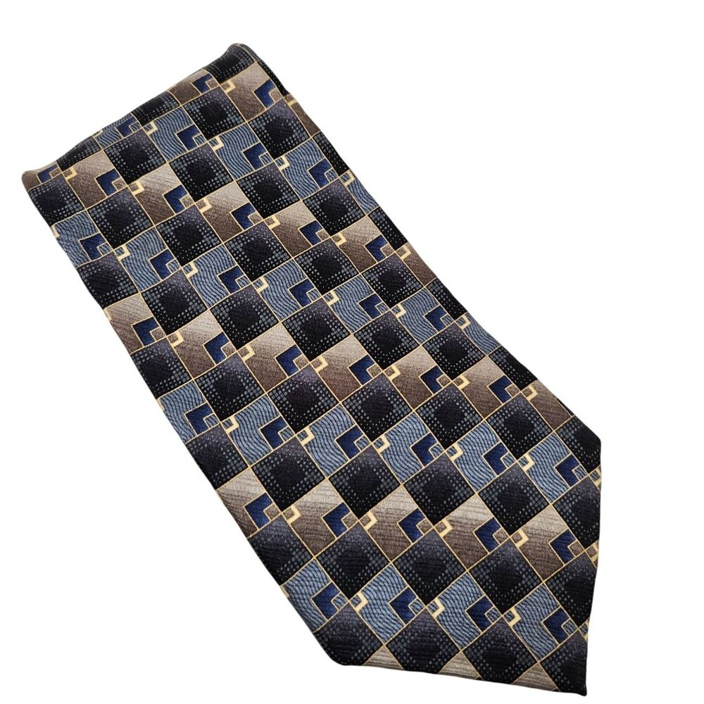 Dockers Mens Geometric Checkered Silk Tie Navy & Brown Korea Vintage Dressy